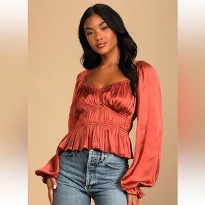 NWT Lulu's Rust Satin Blouse with Puff Sleeves